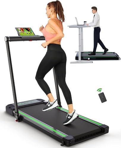 THERUN 2.5HP Treadmill-Walking Pad-Under Desk Treadmill-2 in 1 Folding Treadmill Electric Compact Space Folding Treadmills for Home-Black Green,0.6-7.6MPH, No Assembly Needed
