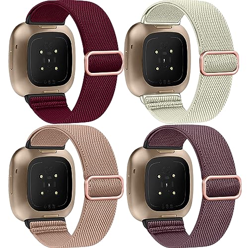 Zspoly 4 Pack Stretch Nylon Bands, Compatible with Fitbit Versa 4/Fitbit Versa 3 Bands/Fitbit Sense 2/Fitbit Sense Bands, Adjustable Soft Sport Woven Strap for Men and Women