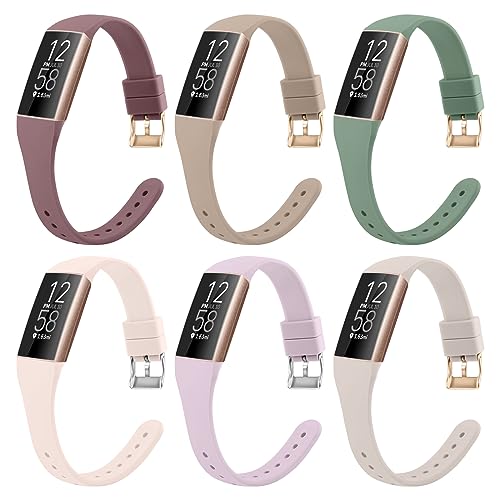 6 Pack Slim Soft Silicone Wristbands Compatible with Fitbit Charge 4 Bands, Sports Replacement Straps for Fitbit Charge 4 / Fitbit Charge 3 / Charge 4 SE/Charge 3 SE Women Men (Smoke Violet/Milk Tea/Starlight/Avocado Green/Pink Sand/Lavender)