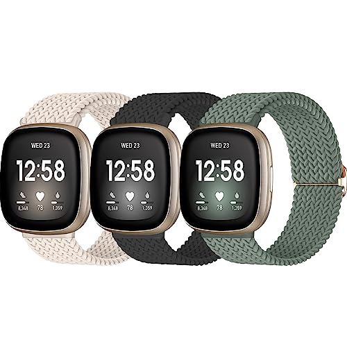 Chinber 3 Pack Elastic Sport Band, Compatible with Fitbit Versa 3/Fitbit Versa 4/Fitbit Sense 2/Fitbit Sense Bands Elastic Woven Adjustable Sport Solo Loop Watch Bands, Nylon Bands for Women Men