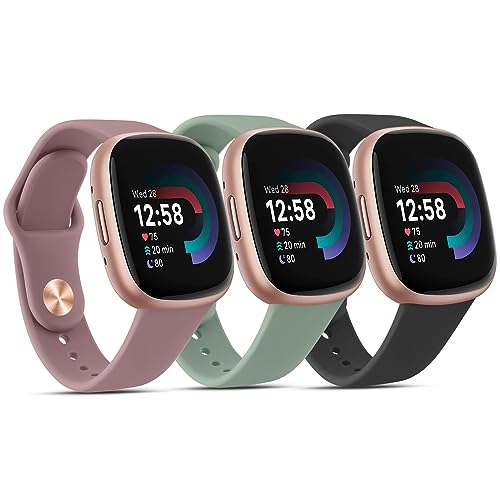 3 Pack Silicone Bands Compatible with Fitbit Versa 4 Bands/Versa 3 Bands/Sense 2 Bands/Fitbit Sense Bands, Classic Soft Sport Band Wristbands Replacement Strap for Women Men (Smoke Purple/Cactus/Black)