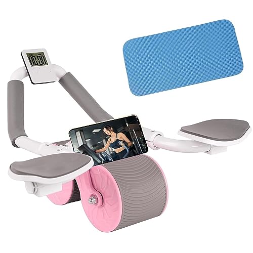 Automatic Rebound Abdominal Wheel with Knee Mat, Timer Ab Roller Wheel Exercise Roller Ab Workout Equipment for Strengthening Core Muscles for Home Gym (Pink)