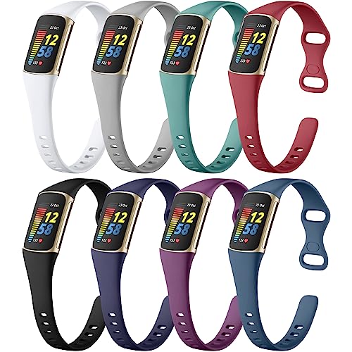 Maledan 8 Pack Band Compatible with Fitbit Charge 5 Bands for Women Men, Soft Silicone Adjustable Sport Slim Strap Waterproof Replacement Wristband Accessories for Fitbit Charge 5 Fitness Tracker