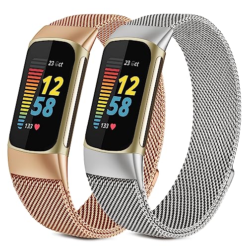 Afoskce 2 Pack Metal Bands Compatible with Fitbit Charge 5 Bands for Women Men, Magnetic Clasp Stainless Steel Mesh Loop Adjustable Metal Strap Replacement for Fitbit Charge 5,Silver+Rose Gold