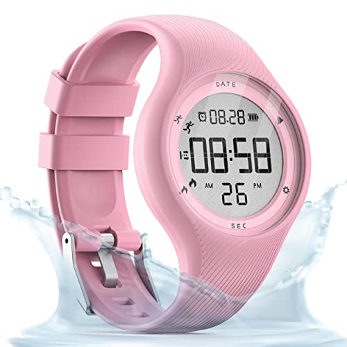 Kids Digital Pedometer Watch, Step Counting Watch, IP68 Waterproof, Date/Alarm Clock/Timer, for Children Teens Boys Girls Women (Pink)