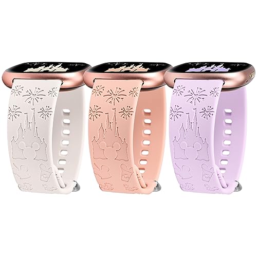 Girovo 3 Pack Cartoon Engraved Band Compatible with Fitbit Versa 4 Bands/Fitbit Versa 3 Bands/Sense/Sense 2 Band Women, Cute Soft Silicone Replacement Bracelet Sport Designer Fancy Strap for Versa 4