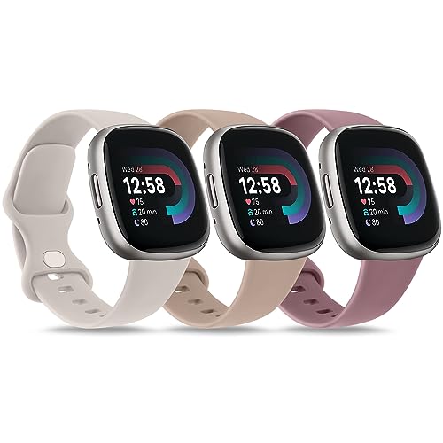 VANCLE Silicone Bands Compatible for Fitbit Versa 4 Bands/ Fitbit Versa 3 Bands/ Fitbit Sense 2 Bands/Fitbit Sense Bands for Women Men, Soft Sport Wristbands Replacement Straps (Small (5.5″ – 7.3″), Starlight/MilkTea/SmokePurple)