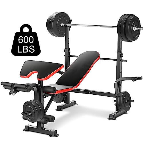 Hicient 600lbs Olympic Weight Bench Press Set with Preacher Curl & Leg Developer Multifunctional 5 in 1 Adjustable Weight Bench Set Exercise Equipment for Indoor Gym Home Full-Body Workout (Red)