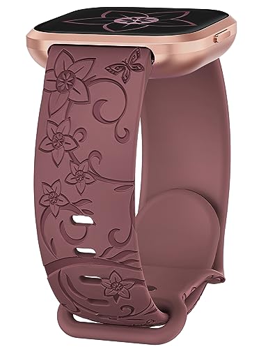 W-RARA Floral Engraved Watch Band Compatible with Fitbit Versa 2/Versa/Versa Lite/Versa SE, Soft Silicone Cute Wildflowers Butterflies Sport Laser Watch Strap Replacement Wristband for Women