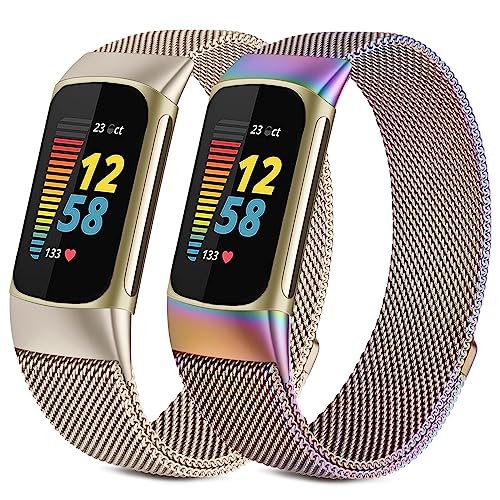 Afoskce 2 Pack Metal Bands Compatible with Fitbit Charge 5 Bands for Women Men, Magnetic Clasp Stainless Steel Mesh Loop Adjustable Metal Strap Replacement for Fitbit Charge 5,Colorful + Champagne gold