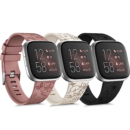 3 Pack Floral Engraved Bands Compatible with Fitbit Versa 2 Bands Women Men,Soft Silicone Cute Wildflowers Sport Laser Strap Wristbands for Fitbit Versa 2 / Fitbit Versa/Versa Lite/Versa SE