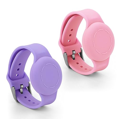 NQEUEPN 2pcs Kids Wristbands for Airtag, Waterproof Silicone Bracelet for kids Adjustable Soft Watch Band for airtag for Toddler Child GPS Tracking Tagging (Pink, Dark Purple)
