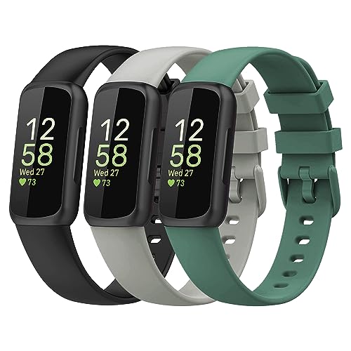 Cone 3 Packs Bands for Fitbit Inspire 3, Silicone Fitness Sport Wristbands for Women Men（Black+Rock Grey+Pine Needle Green）