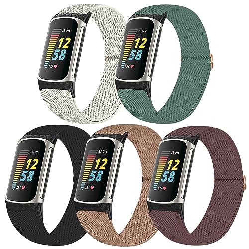 Chinber 5 Pack Stretchy Sport Loop Band Compatible with Fitbit Charge 5 Bands, Stretchy Sport Loop Nylon Wristband Soft Adjustable Nylon Sport Replacement Wristband for Women Men