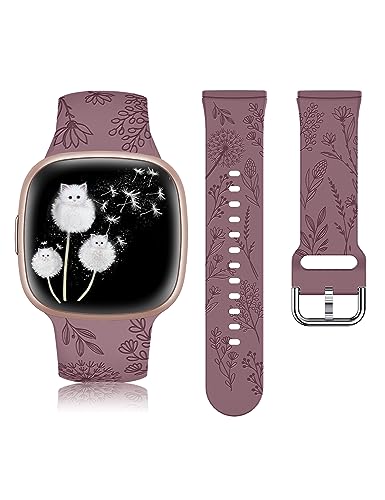 Minyee Floral Engraved Band Compatible with Fitbit Versa 4/Versa 3/Sense 2/Sense Band Women, Cute Soft Silicone Dandelion Flower Pattern Sport Designer Fancy Summer Strap for Versa 4 (Smoke Purple)