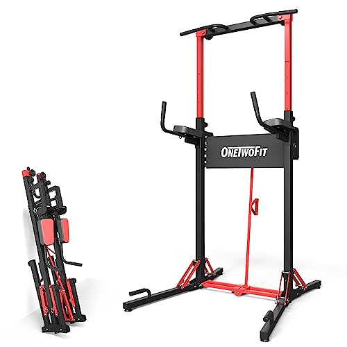 ONETWOFIT Power Tower Pull Up Bar Station, Multi-Function Adjustable Height Foldable Dip Station for Home Gym Workout, Heavy Duty Strength Training Fitness Equipment, Pull Up Stand 400LBS