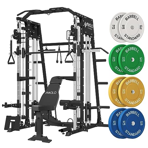 Mikolo Smith Machine, 2200lbs Squat Rack with LAT-Pull Down System & Cable Crossover Machine, Training Equipment with Leg Hold-Down Attachment, Garage & Home Gym Package (Black)