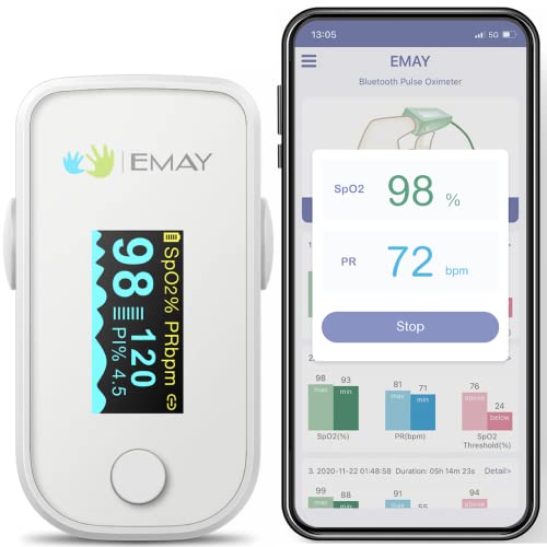 EMAY Bluetooth Pulse Oximeter Fingertip | Blood Oxygen Saturation & Heart Rate Monitor | Compatible with iOS & Android Smartphones