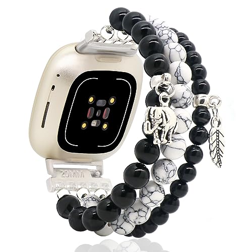 C&L Accessories Bracelets Compatible with Fitbit Versa 3 Bands/Versa 4 Bands/Fitbit Sense 2/Sense Bands for Women Men Beaded Gemstone (Black/White Turquoise)
