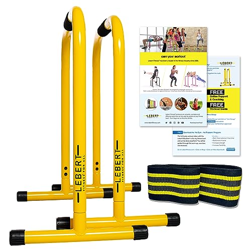 Lebert Fitness Dip Bar Stand – Original EQualizer Total Body Strengthener Pull Up Bar Home Gym Exercise Equipment Dipping Station – Hip Resistance Band, Workout Guide and Online Group – Yellow