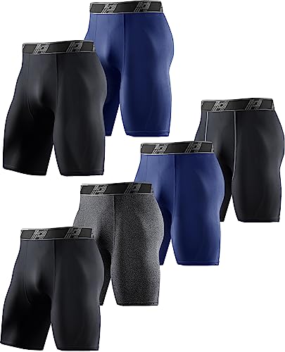 HOPLYNN 6 Pack Compression Shorts Men Underwear Spandex Sport Shorts Athletic Workout Running Performance Baselayer Shorts 6″( Black / Heather Grey / Blue ) +9″(Black/Blue) S