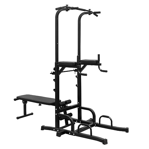 Power Tower with Bench, Pull Up Bar Stand Dip Station Training Chin Up Tower Home Gym Adjustable Height Strength Training Workout Equipment