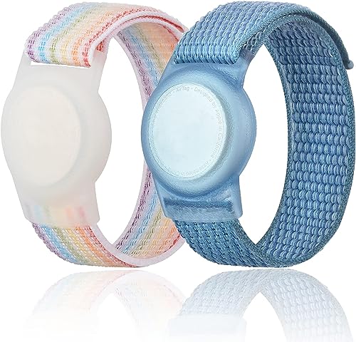 2 Pack Wristband for Airtag Kids, GPS Bracelet for kids Compatible with Apple Air Tag, Nylon Watch Band Tracker Case Strap Holder Accessories for Toddler Child Adult, Adjustable Anti-Lost(RainbowA&Blue)