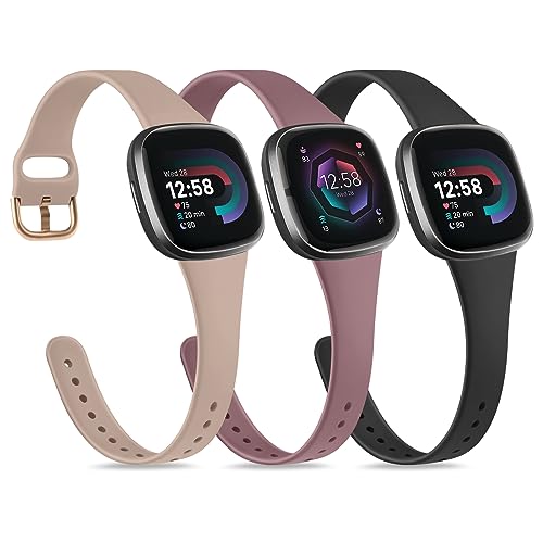 IEOVIEE Bands Compatible for Fitbit Versa 4 Bands/Fitbit Versa 3 Bands/Sense 2 Bands/Fitbit Sense Watch Bands for Women, Soft Slim Silicone Wristbands Replacement Strap (Black + Smoke Purple + Milk Tea)