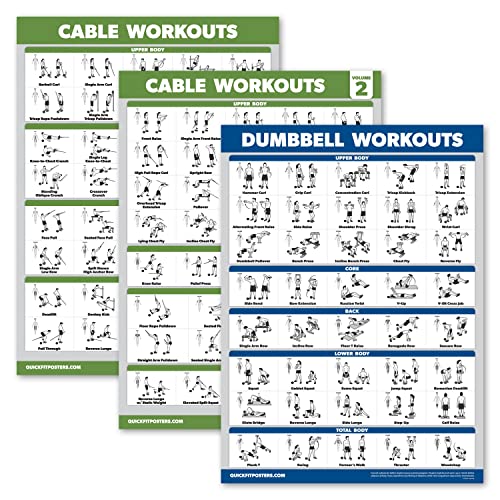 3 Pack – Cable Machine Workout Posters Volume 1 & 2 + Dumbbell Exercise Chart (LAMINATED, 18″ x 24″)