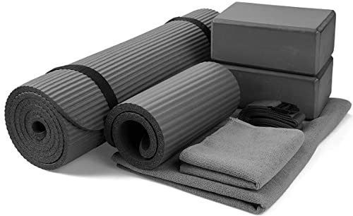 BalanceFrom GoYoga unisex-adult 7-Piece Set – Include Yoga Mat with Carrying Strap, 2 Yoga Blocks, Yoga Mat Towel, Yoga Hand Towel, Yoga Strap and Yoga Knee Pad (Gray, 1/2″-Thick Mat)