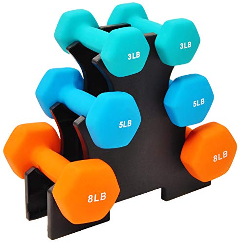 Signature Fitness 32LB Colored Neoprene Coated Dumbbell Set with Stand 3, 5, 8 lbs Pairs