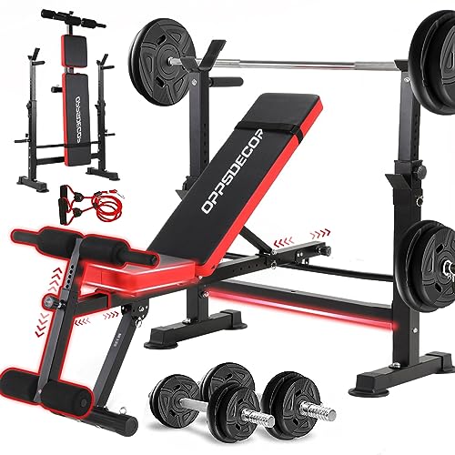OPPSDECOR 600lbs 6 in 1 Weight Bench Set with Squat Rack Adjustable Workout Bench with Leg Developer Preacher Curl Rack Fitness Strength Training for Home Gym (Tomato)