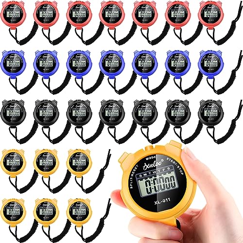 Kanayu 28 Pcs Digital Stopwatch Timer Sports Digital Stopwatch Shockproof Large Screen Handheld Stop Watch with Lanyard Date Time Alarm Function for Coaches Swimming Running Sports Training (4 Colors)