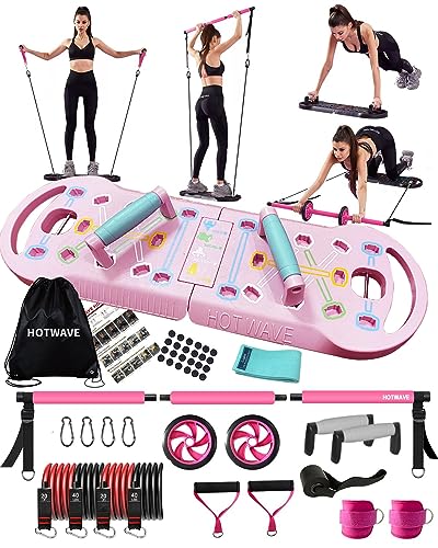 HOTWAVE Portable Home Gym with 17 Fitness Accessories,Push Up Board with Resistance Bands ,Ab Roller Wheel,Pilates Bar Workout Squats,Pink Strength Training Equipment for Women