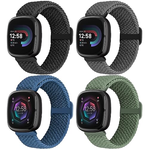Acortjl Elastic Braided Solo Loop Band Compatible with Fitbit Versa 4/Fitbit Sense 2/Fitbit Versa 3/Fitbit Sense, Stretchy Straps Nylon Sport Wristband for Women Men, 4 Packs