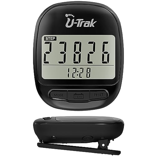 U-Trak Portable Walking Pedometer Accurate Step Counter Sport Step Tracker Clip On Pedometer with Exercise Time/Miles&Km/Clock Funktion/7 Days Memory/Calorie Record for Men Women Kids Seniors Black