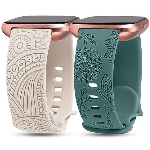 Minyee 2 Packs Floral Engraved Band Compatible with Fitbit Versa 2/Fitbit Versa/Versa Lite Bands Women, Cute Silicone Dandelion Henna Floral Design Soft Sport Fancy Summer Strap for Versa 2
