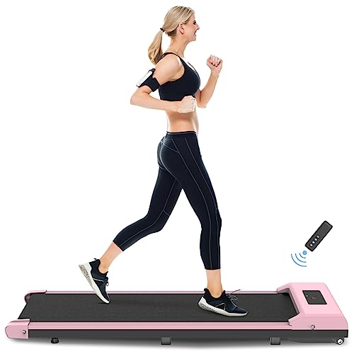 Walking Pad Under Desk Treadmill, Portable Treadmills Motorized Running Machine for Home, 6.25MPH, No Assembly Required, Remote Control, 240 Lb Capacity (Light-Pink)