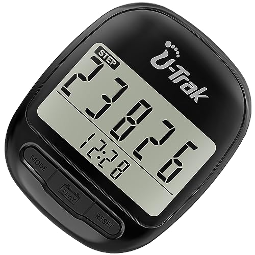 U-Trak Pedometer Clip On Pedometer for Walking Accurate Step Counter Step Tracker with Steps Correction, Miles/Km, 7 Days Memory, Exercise Time, Calorie Counter for Men Women Kids Seniors Black