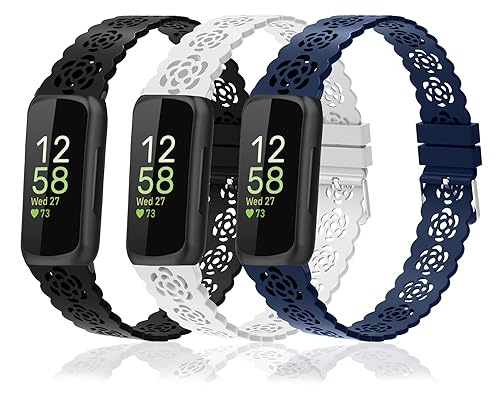 Nigaee 3 Pack Lace Silicone Bands Compatible with Fitbit Inspire 3/Inspire 2/Inspire HR/Inspire,Adjustable Breathable Replacement Straps Soft Slim Silicone Wristbands for Women Men