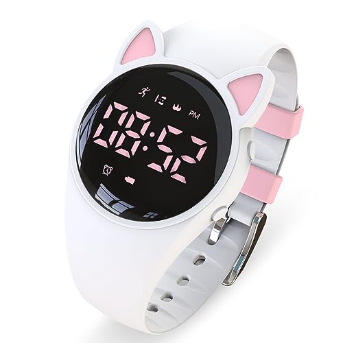 Led Digital Pedometer Watch, Digital Steps Tracker, Non-Bluetooth, Vibrating Alarm Clock, Stopwatch, Great Gift for Children Teens Girls Boys Women (White/Pink)