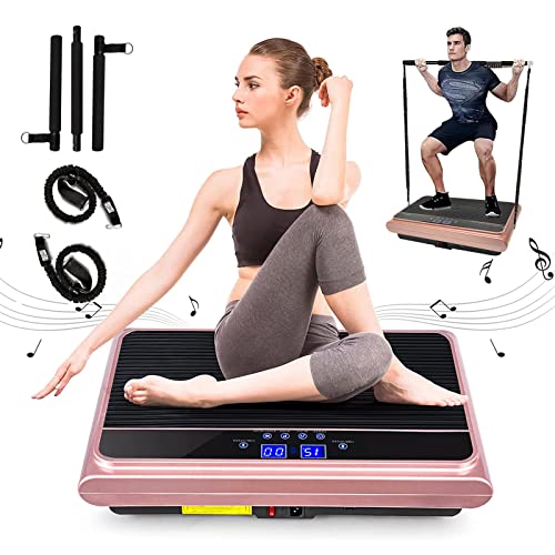 Natini Vibration Plate Exercise Machine Whole Body Vibration Platform Machine with Pilates Bar Resistance Bands for Home Fitness Training Equipment & Weight Loss (Pink)