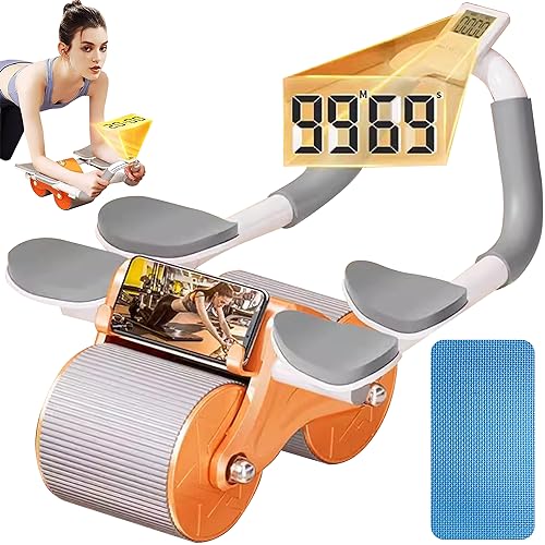 Ab Roller with Elbow Support, Automatic Rebound Abdominal Wheel with Elbow Support, Ab Wheel Roller for Core Workout, Ab Roller for Abs Workout with Timer, Exercise Roller Wheels for Core Training (Orange)