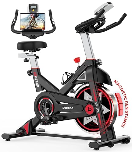 Exercise Bike, pooboo Stationary Bike for Home Gym, Magnetic Resistance Indoor Cycling Bike w/ Comfortable Seat Cushion & Ipad Mount, Silent Belt Drive Indoor Bike for Cardio Workout (Red – Magnetic New Model)