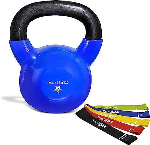 Yes4All 35lbs Kettlebell Vinyl Coated Cast Iron, Resistance Loop Bands – Great for Dumbbell Weights Exercises, Full Body Workout equipment Push up, Grip Strength and Strength Training, PVC Blue