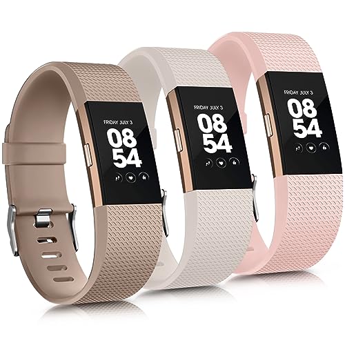 3 Pack Sport Bands Compatible with Fitbit Charge 2 Bands Women Men, Adjustable Replacement Straps Wristbands for Fitbit Charge 2 HR Small Large (Milk Tea/Starlight/Light Pink,Small)