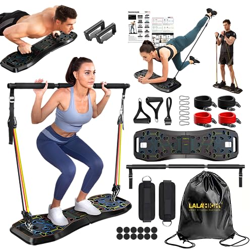 LALAHIGH Home Workout Equiptment: Portable Exercise Push Up Board, Strength Training Sets with Pilate Bar & 20 Fitness Accessories with Resistanve Bands & Ab Roller Wheel – Full Body Workout Black