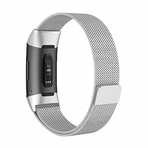 Cone Metal Band Compatible with Fitbit Charge 3 Bands, Stainless Steel Mesh Loop Adjustable Wristband Replacement Strap for Fitbit Charge 3 / Charge 3 SE/Charge 4 Fitness Tracker（Small，silver）