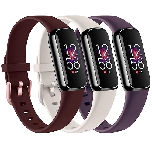 Vancle bands Compatible with Fitbit Luxe Bands for Women Men, [3 Pack] Soft Silicone Replacement Sport Straps Wristbands for Fitbit Luxe Fitness and Wellness Tracker (Small- 5.5″ – 7.3″ (140mm-185mm), Starlight + Hawthorn red +Dark purple)