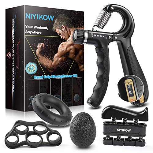 NIYIKOW Grip Strength Trainer Kit (5 Pack), Counting Grip Strength, Adjustable Hand Grip Strengthener, Finger Trainer, Finger Stretcher, Grip Ring & Stress Relief Grip Ball with Carry Bag – Black